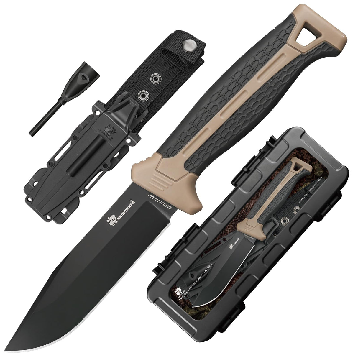 HX OUTDOORS Extra Sharp Bushcraft Knife with Fire Starter, Premium D2 Steel Fixed Blade Survival Camping Knife with Plastic Sheath for Outdoor, HX HX OUTDOORS