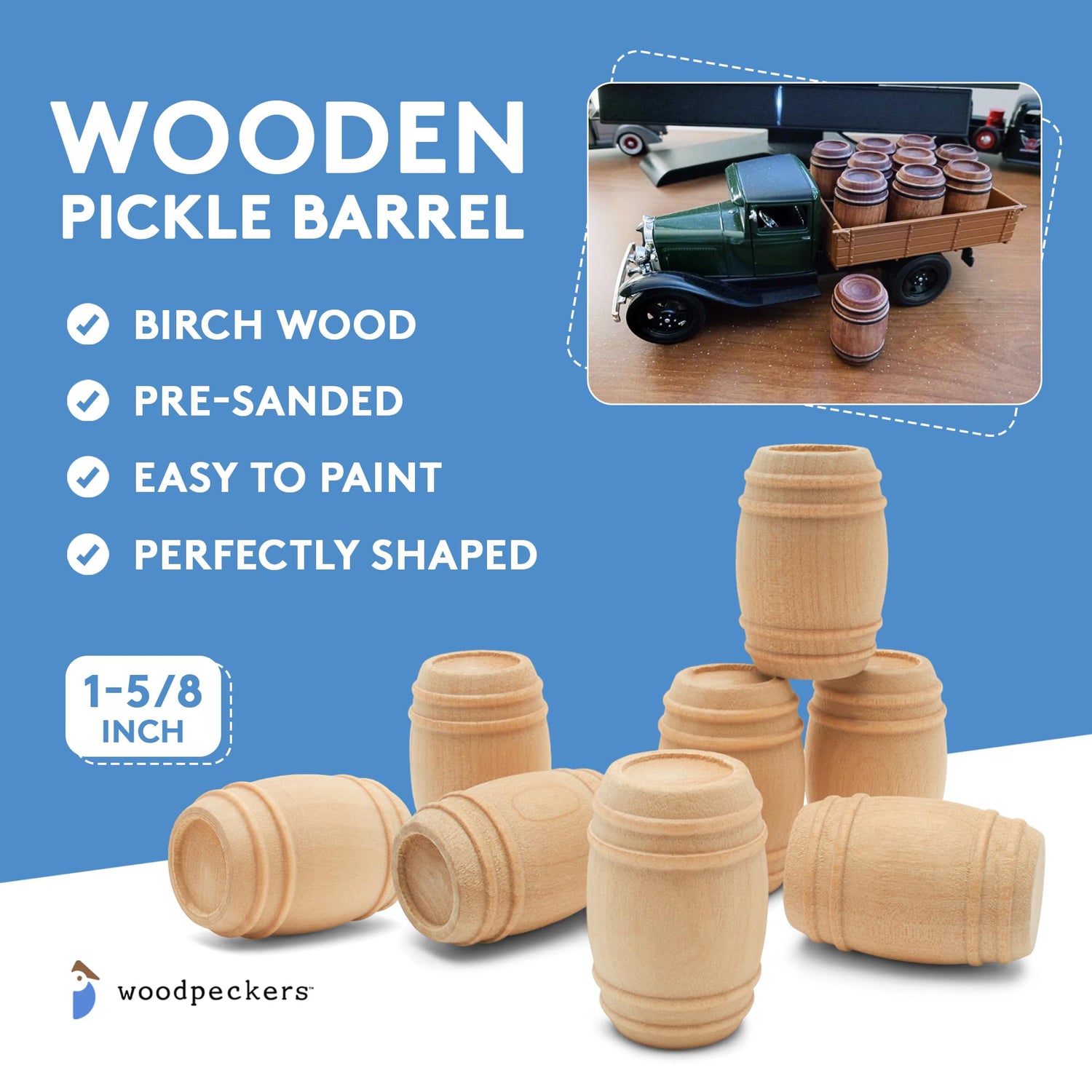 Wooden Pickle Barrel 1-5/8 Inch, Pack of 10, Small Unfinished Cargo Drums, Perfect for Miniatures, Scale Models, Mini Train Making or Woodworking Woodpeckers