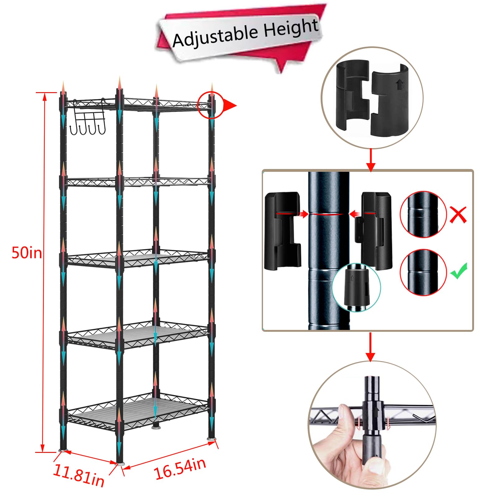 SORCEDAS Shelf 5 Wier Metal Storage Rack Shelving Unit Organizer for Kitchen Laundry Garage Bathroom Pantry Closet Office(16.54" Wx11.81 Dx50 - WoodArtSupply