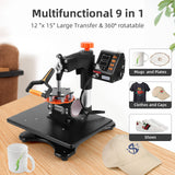 Heat Press Machine 12 x 15 Inch 9 in 1 Heat Press 800W Sublimation Machine 360° Rotation Swing Away Shirt Printing Machine Dual-Tube Heating for DIY GARVEE