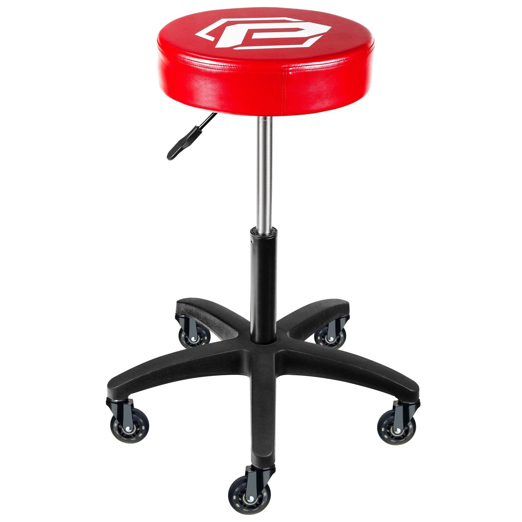 Powerbuilt Rolling Shop Stool with Adjustable Height, Mechanic Detailer Garage Seat with Padding - 240250, Red - WoodArtSupply