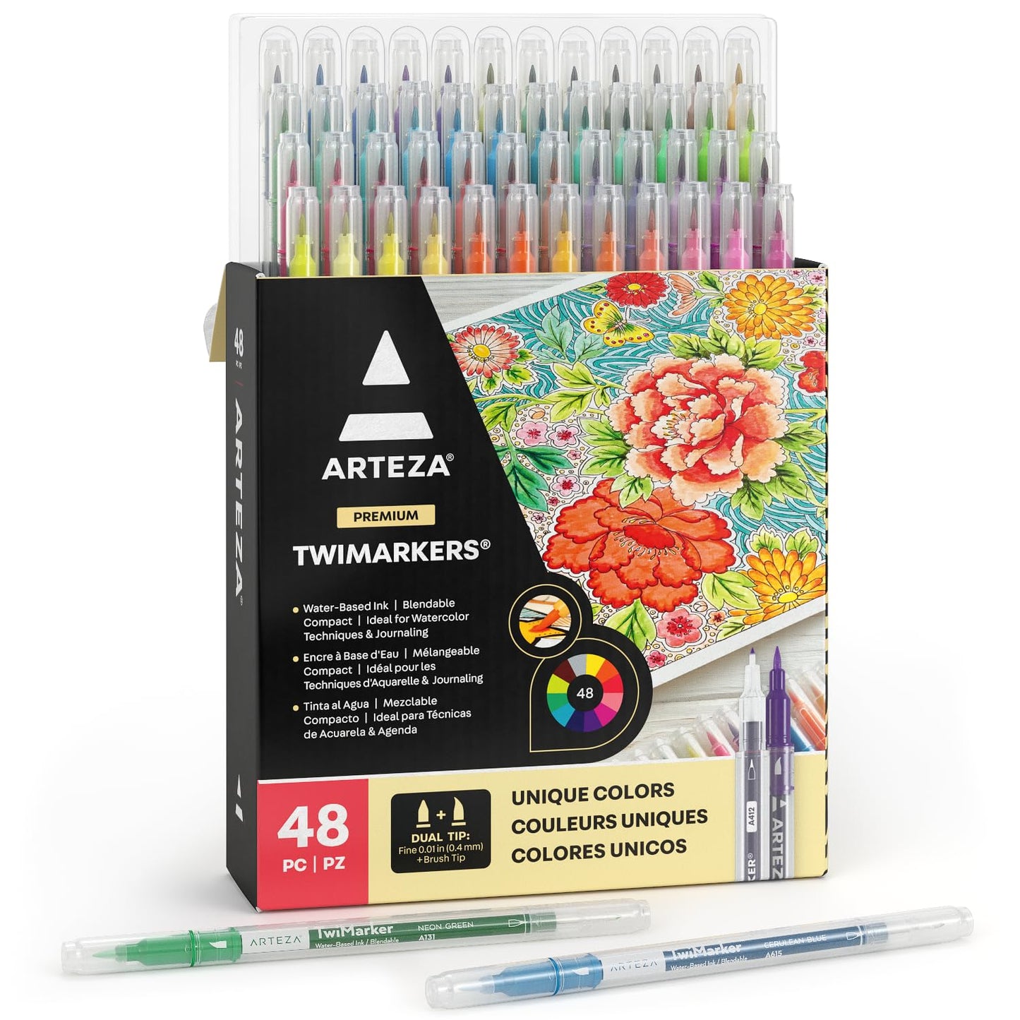 ARTEZA Dual Brush Pens, Set of 48 Colors, Art Markers with Fine & Brush Tips, Twimarkers for Coloring, Calligraphy, Sketching, Doodling, Art Supplies