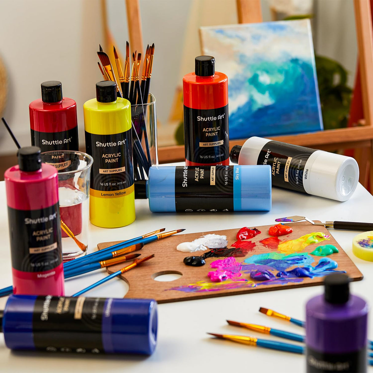 Shuttle Art Acrylic Paint, 15 Pack Acrylic Paint Large Bottle Set, 473ml/16oz Each, 14 Unique Colors and 1 More White, High Viscosity Art Paint for Shuttle Art