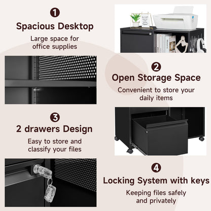 AFAIF Lateral File Cabinet, 2 Drawer File Cabinet with Lock, Printer Cabinet Printer Stand with Storage, Metal Mobile Filing Cabinet Home Office