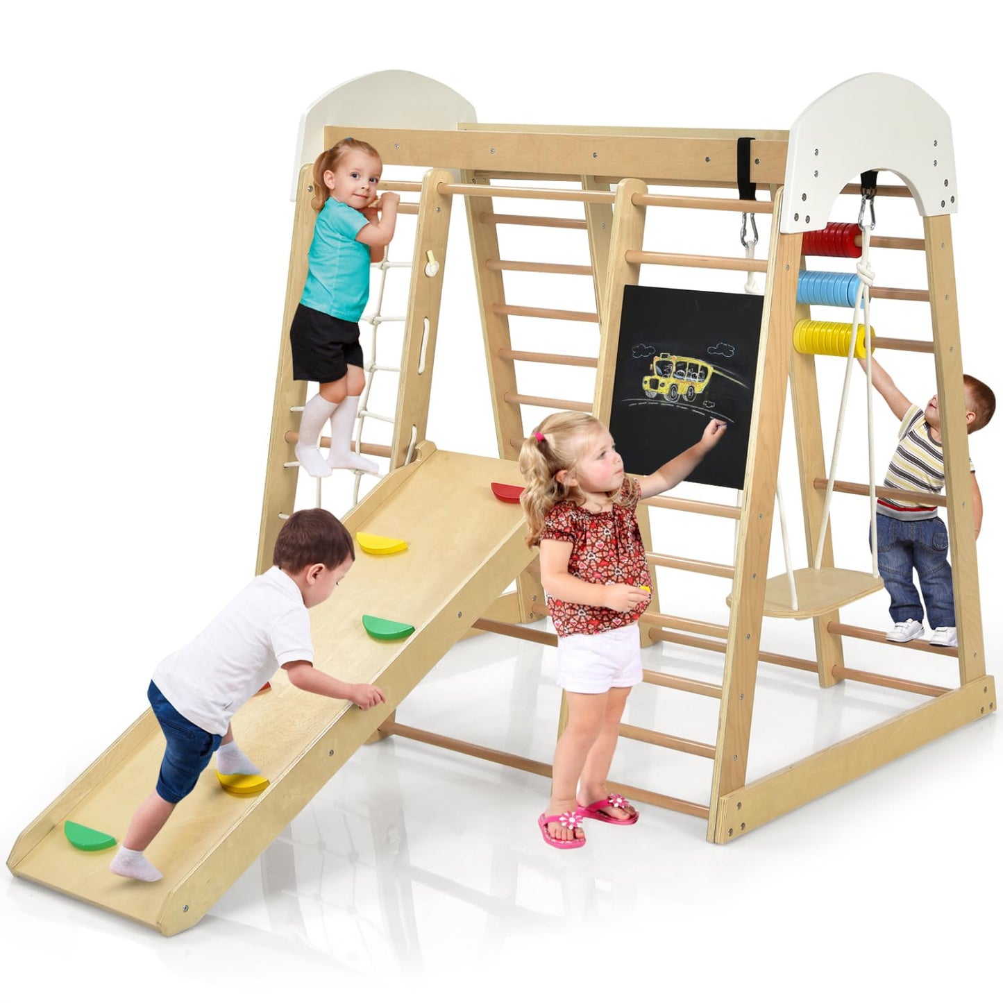 Costzon Indoor Jungle Gym, 8-in-1 Climbing Toys for Toddlers with Slide, Climbing Rock/Net, Monkey Bars, Drawing Board, Abacus Game and Swing, Wooden