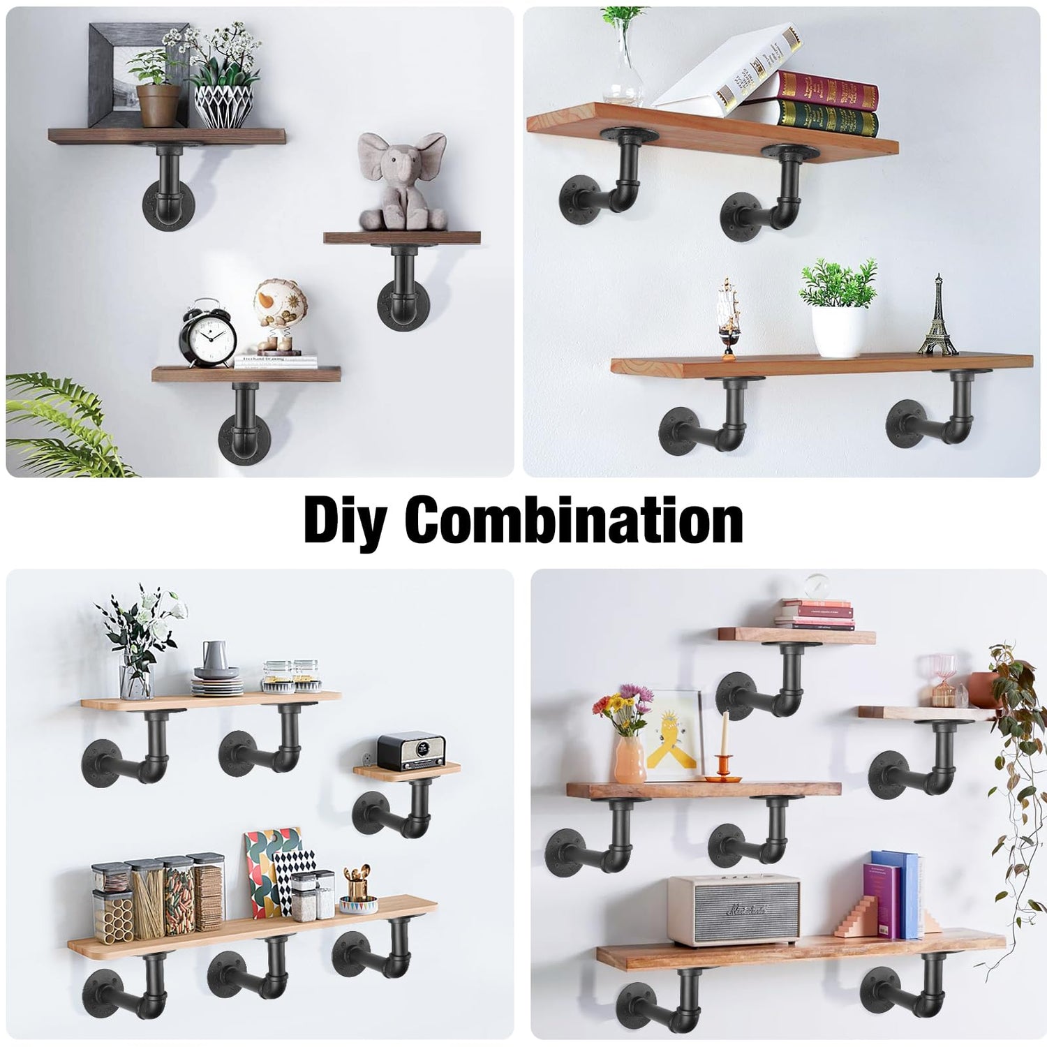 Aunulahca 3/4" Industrial Pipe Shelf Brackets (6 Pack Black) for 10 12 Inches Board, Black Iron Floating Shelf Brackets Heavy Duty Industrial DIY L Aunulahca