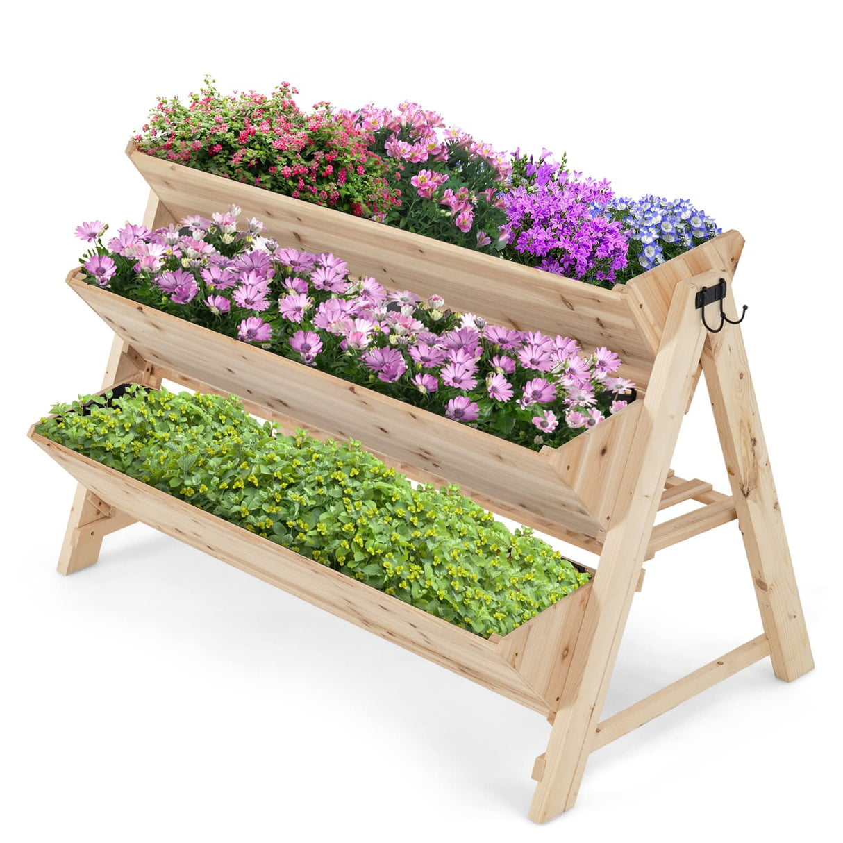 S AFSTAR 3-Tier Vertical Garden Bed, Wooden Elevated Planter Bed with Legs, Storage Shelf, 2 Hooks, Raised Bed Kit for Flower Vegetable Herb, Outdoor S AFSTAR