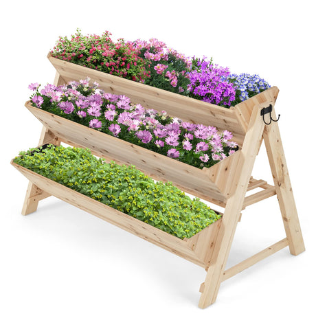 S AFSTAR 3-Tier Vertical Garden Bed, Wooden Elevated Planter Bed with Legs, Storage Shelf, 2 Hooks, Raised Bed Kit for Flower Vegetable Herb, Outdoor S AFSTAR