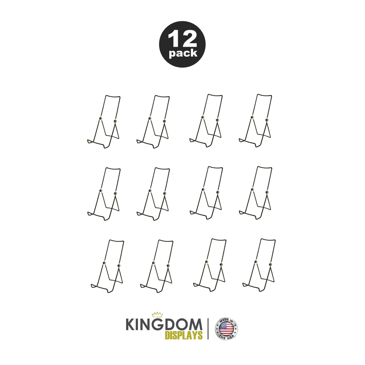 KINGDOM SOLUTIONS - 12 Pack Sturdy & Versatile Adjustable Large Stands for Display 3.8x8.5 - Made in USA Metal Easels for Plates, Pictures, Art, KINGDOM SOLUTIONS
