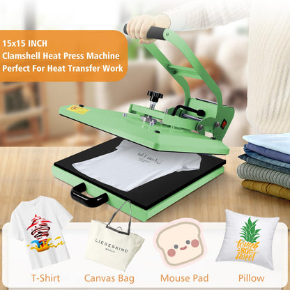 UOKRR Clamshell Heat Press Machine for T Shirts,15" x 15" Portable Heat Press for Sublimation/HTV(Heat Vinyl Transfer)-with Pressure Knob for Home