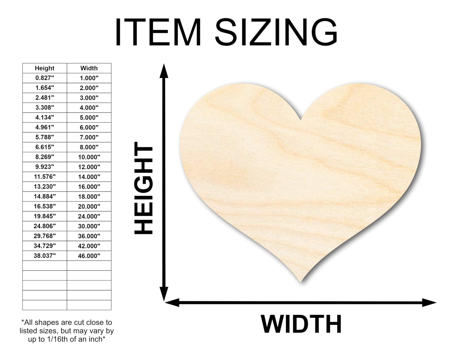 Unfinished Wood Classic Heart | Valentines Day | Weddings | Craft Cutout | Up to 24" 12" / 1/4" - WoodArtSupply