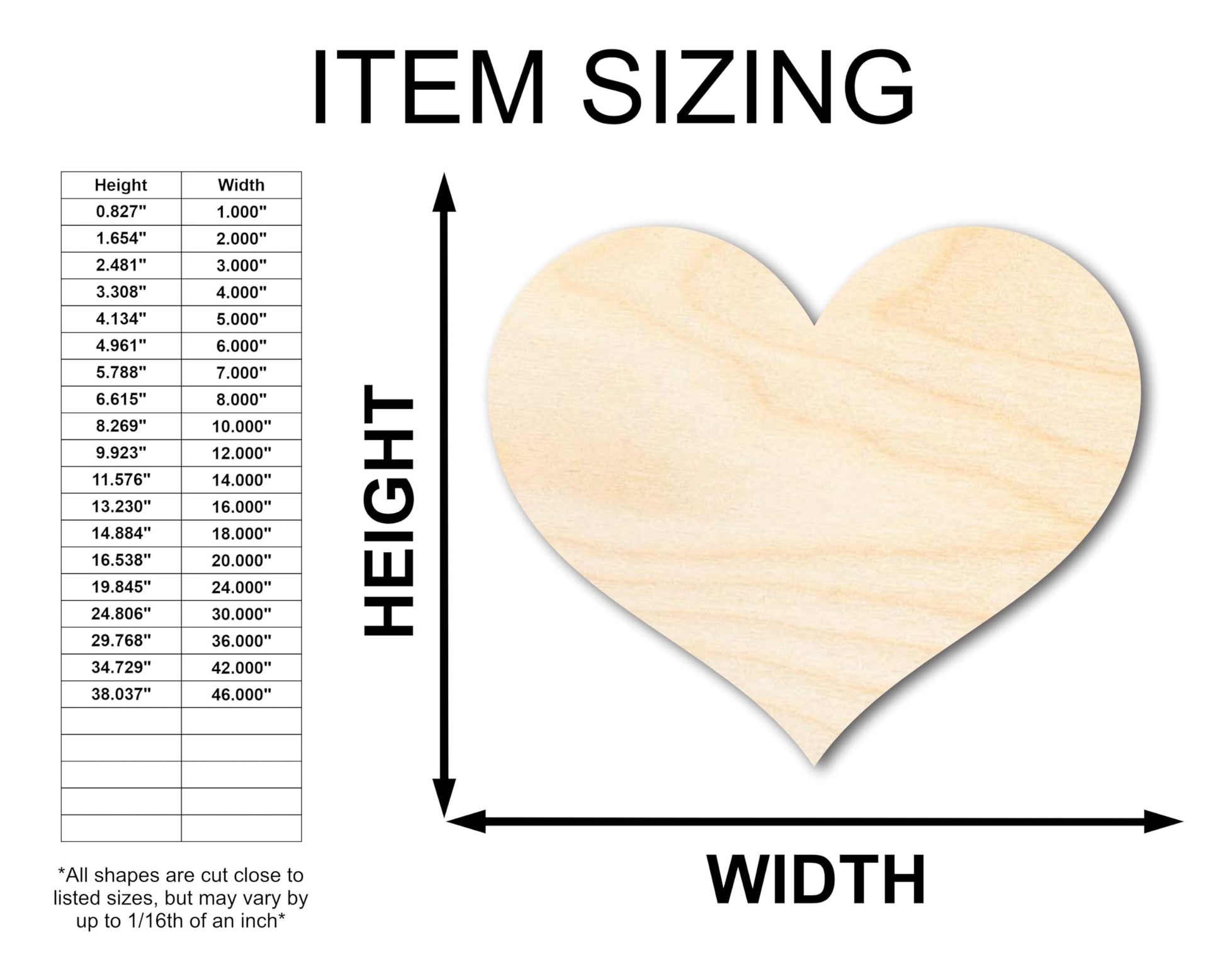 Unfinished Wood Classic Heart | Valentines Day | Weddings | Craft Cutout | Up to 24" 12" / 1/4" - WoodArtSupply