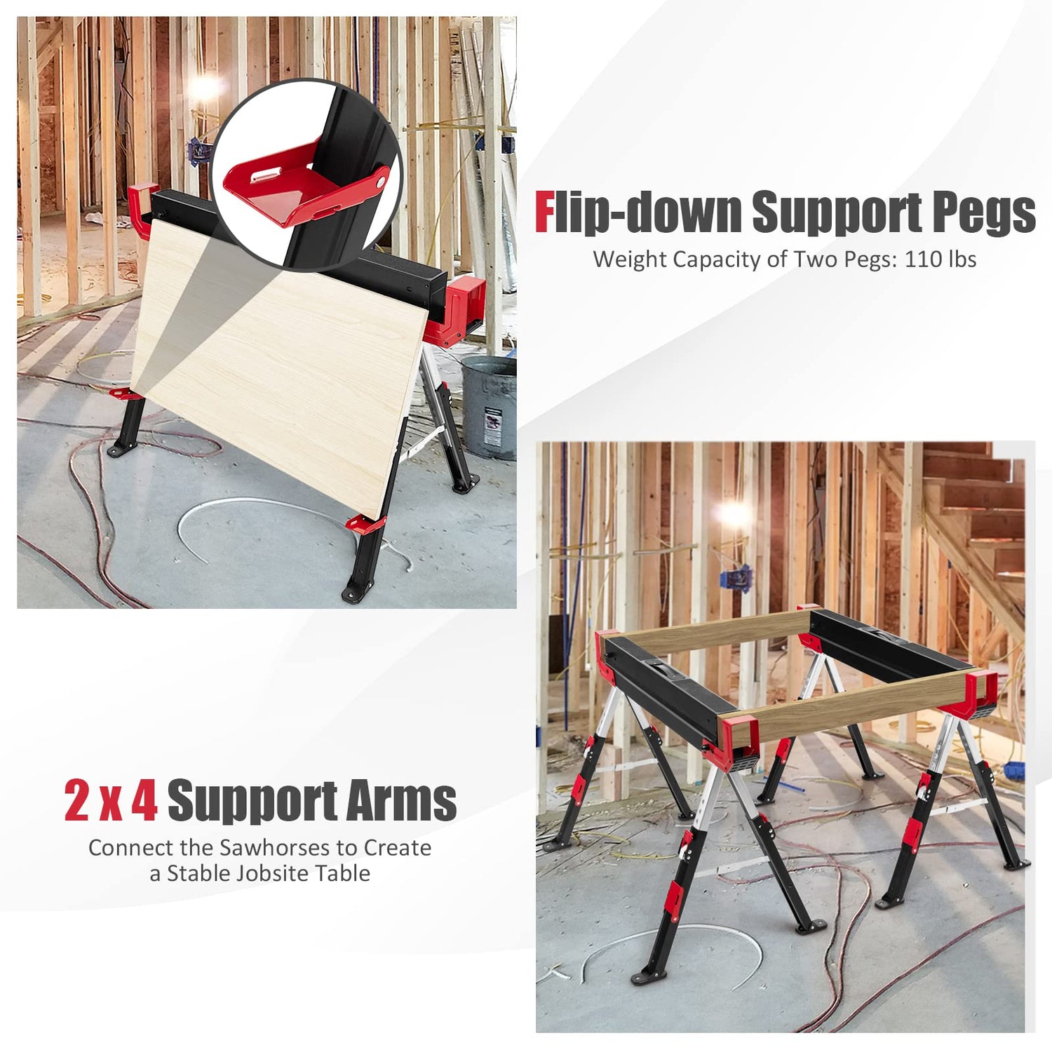 GOFLAME Folding Sawhorses 2 Pack, Portable Sawhorse with Height Adjustable Legs, Metal Top for 2 x 4, Easy Carry Handle, Heavy-Duty Steel Sawhorse GOFLAME