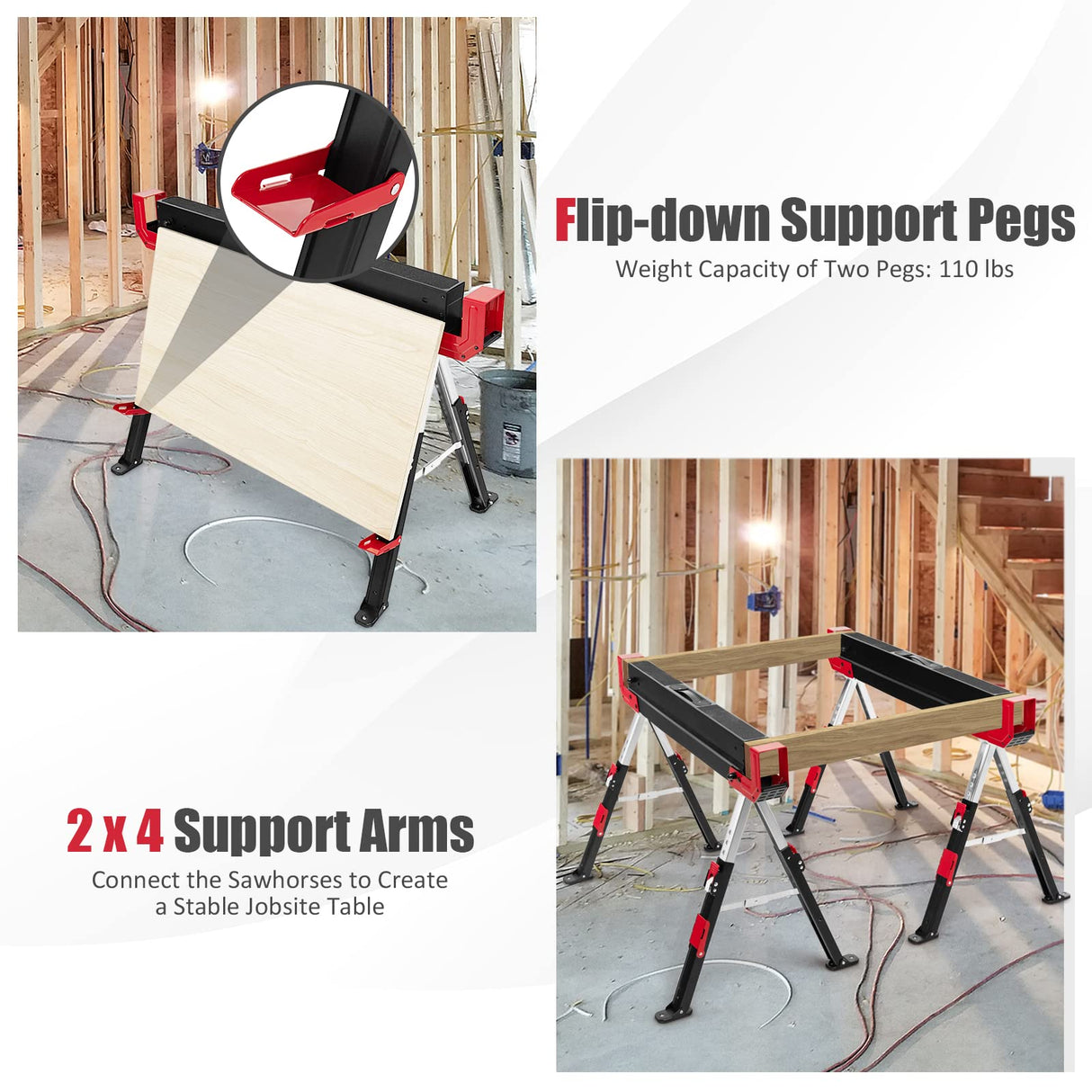 GOFLAME Folding Sawhorses 2 Pack, Portable Sawhorse with Height Adjustable Legs, Metal Top for 2 x 4, Easy Carry Handle, Heavy-Duty Steel Sawhorse GOFLAME