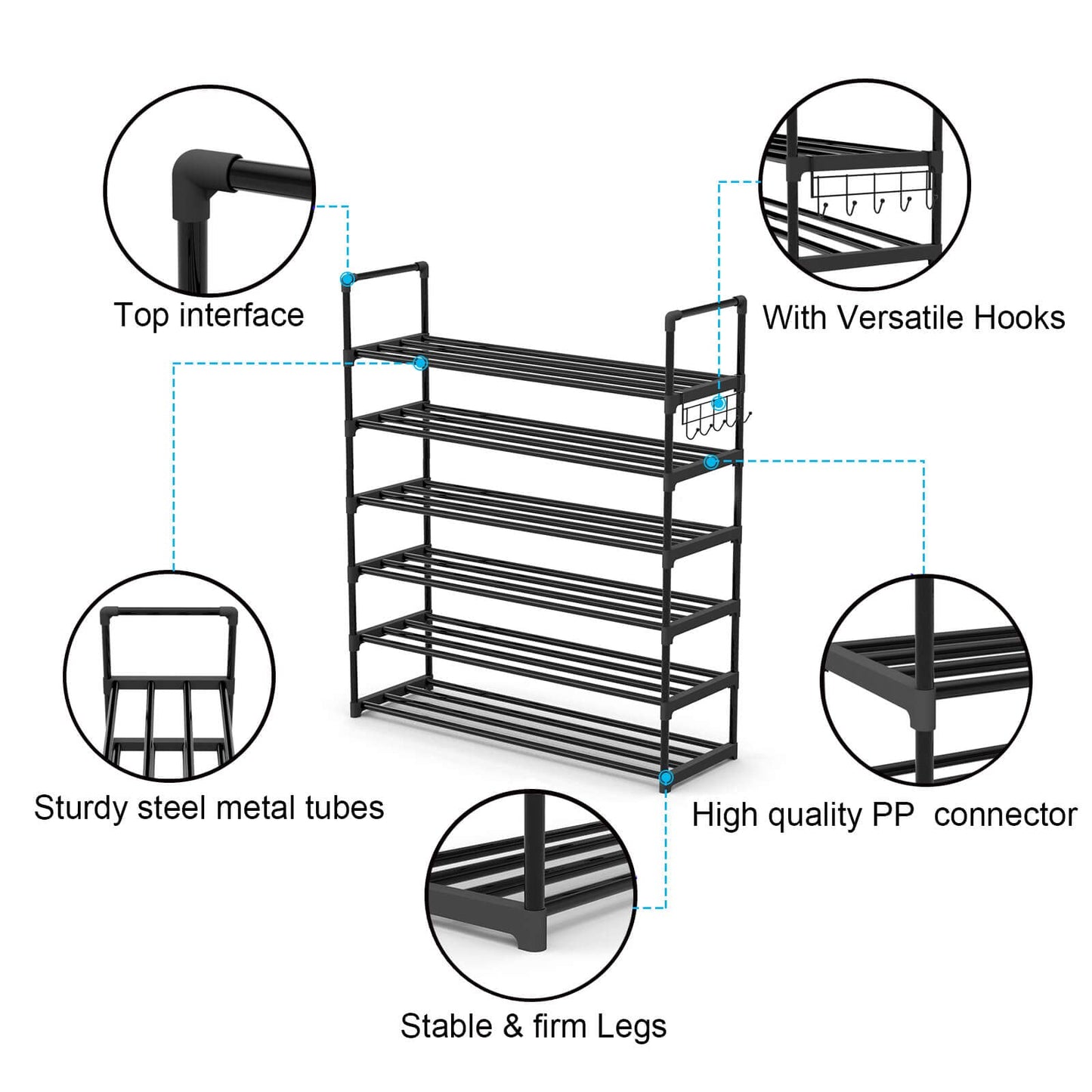 Hsscblet 6 Tiers Metal Shoe Rack,Adjustable Shoe Shelf Storage Organizer with Hooks,Stackable Boot & Shoe Storage,for Entryway,Hallway,Closet,Black