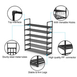 Hsscblet 6 Tiers Metal Shoe Rack,Adjustable Shoe Shelf Storage Organizer with Hooks,Stackable Boot & Shoe Storage,for Entryway,Hallway,Closet,Black Hsscblet
