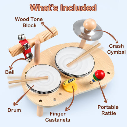 CozyBomB Kids Drum Set for Toddlers: Montessori Musical Instruments Set Toddler Toys - 7 in 1 Wooden Musical Kit Baby Sensory Educational Toys - - WoodArtSupply