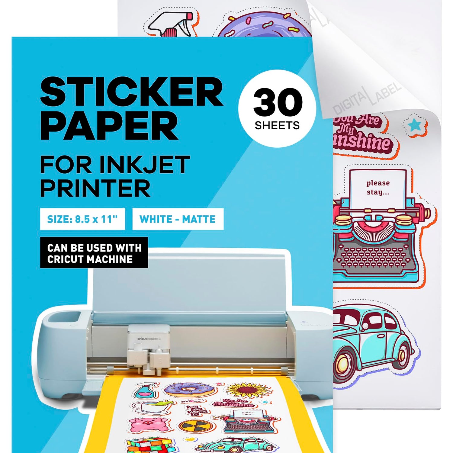 Sticker Paper for Inkjet Printer - Printable Vinyl Sticker Paper - Sticker Paper - (30 Sheets, 8.5 x 11", Matte White) - Sticker Printer Paper - Paper Plan