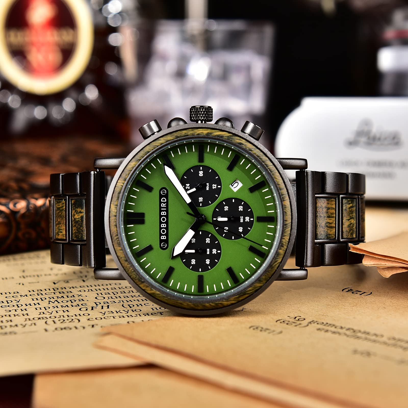 2win Engraved Wooden Watch Stylish Green Dial Design Personalized Wood Watches for Men Husband Boyfriend Fiancé Dad Customized Anniversary Birthday - WoodArtSupply