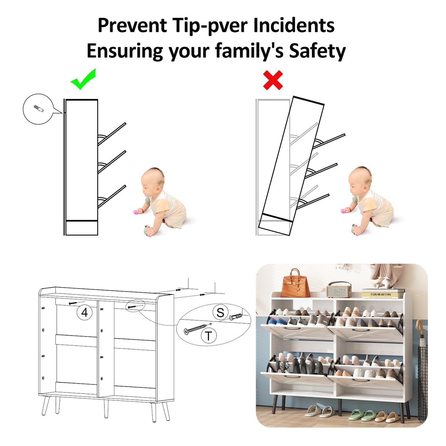 Maupvit Large Shoe Cabinet with 4 Flip Drawers, Freestanding Shoe Cabinet Organizer with Metal Drawer Bracket, Shoes Storage Cabinet for Entryway, Maupvit