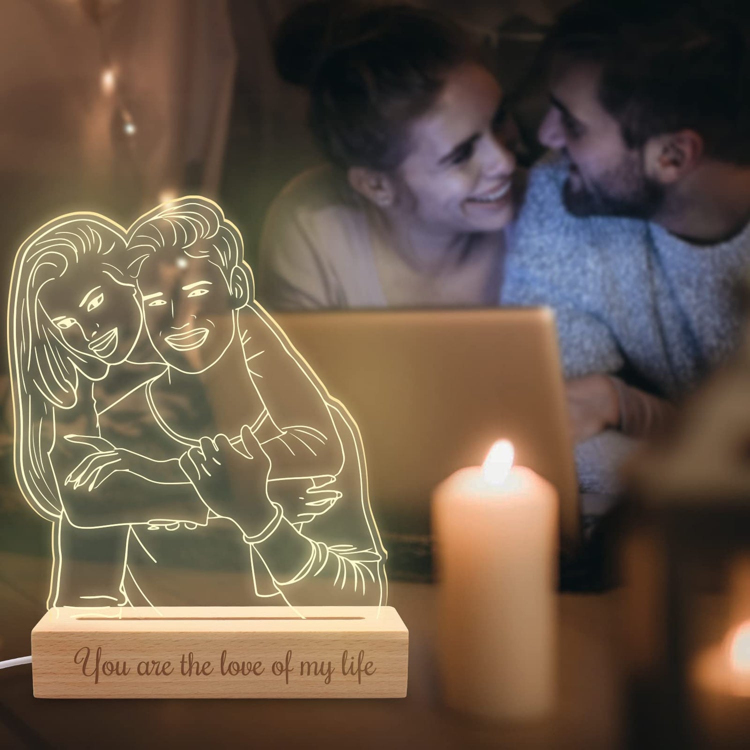 Uoffice5 Custom 3D Photo Lamp Personalized Picture Night Light with Wood Base Customized Portrait Illusion Light Engraved Anniversary Valentine's Day Uoffice5