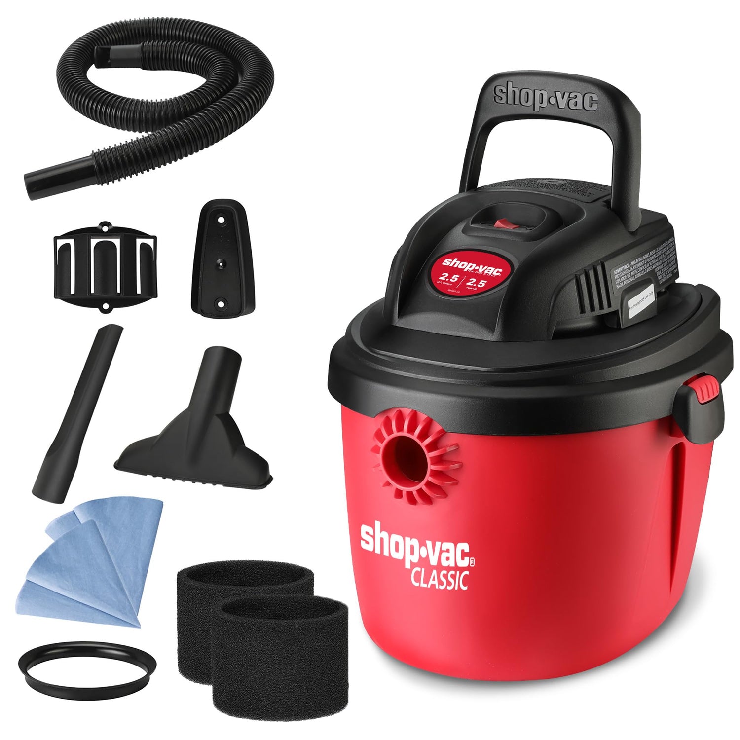 Shop-Vac 2.5 Gallon 2.5 Peak HP Wet/Dry Vacuum, Portable Compact Shop Vacuum with Collapsible Handle Wall Bracket & Multifunctional Attachments for Shop-Vac