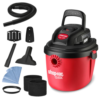Shop-Vac 2.5 Gallon 2.5 Peak HP Wet/Dry Vacuum, Portable Compact Shop Vacuum with Collapsible Handle Wall Bracket & Multifunctional Attachments for