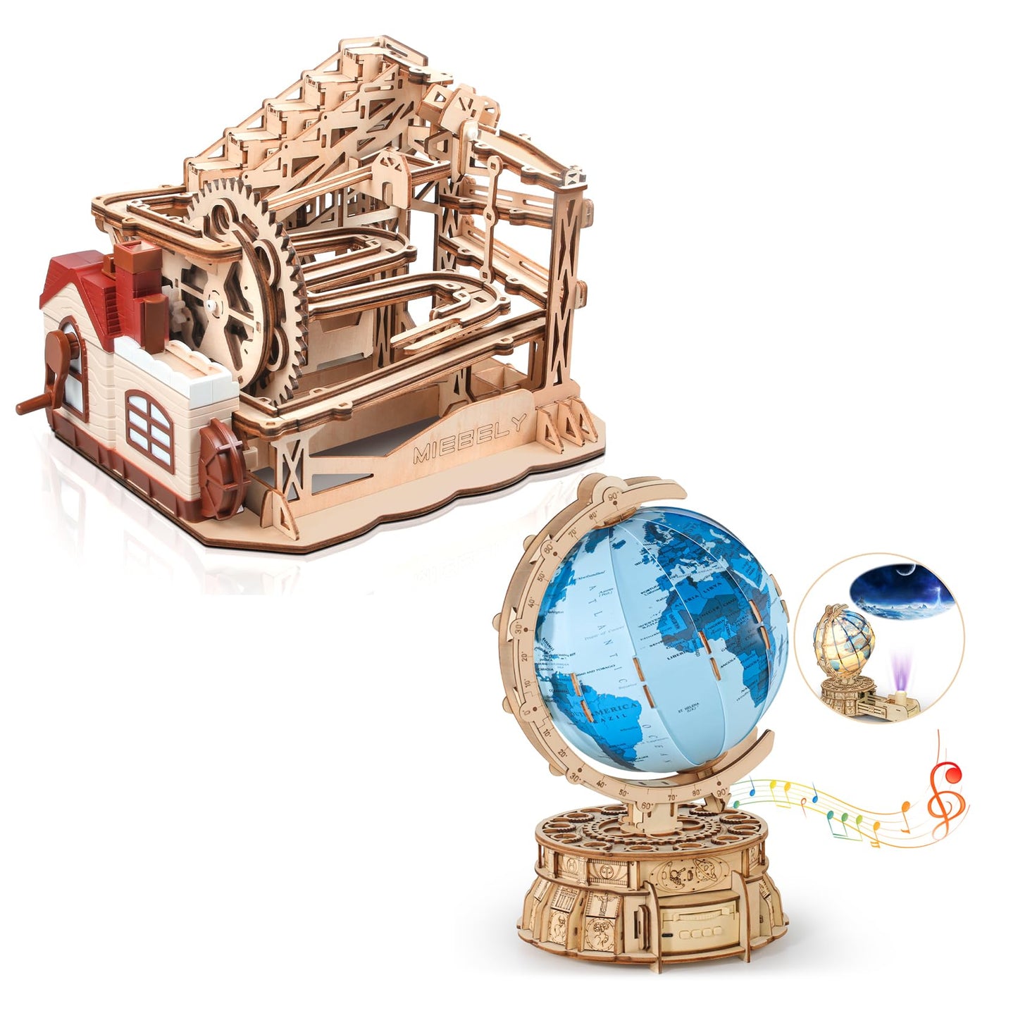 MIEBELY 3D Wooden Puzzles for Adults Bundle Set - Marble Run Model Building Kits & Illuminous Music Box Globe, Unique Gift Hobby for Boys Girls - WoodArtSupply