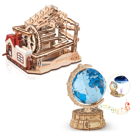 MIEBELY 3D Wooden Puzzles for Adults Bundle Set - Marble Run Model Building Kits & Illuminous Music Box Globe, Unique Gift Hobby for Boys Girls MIEBELY