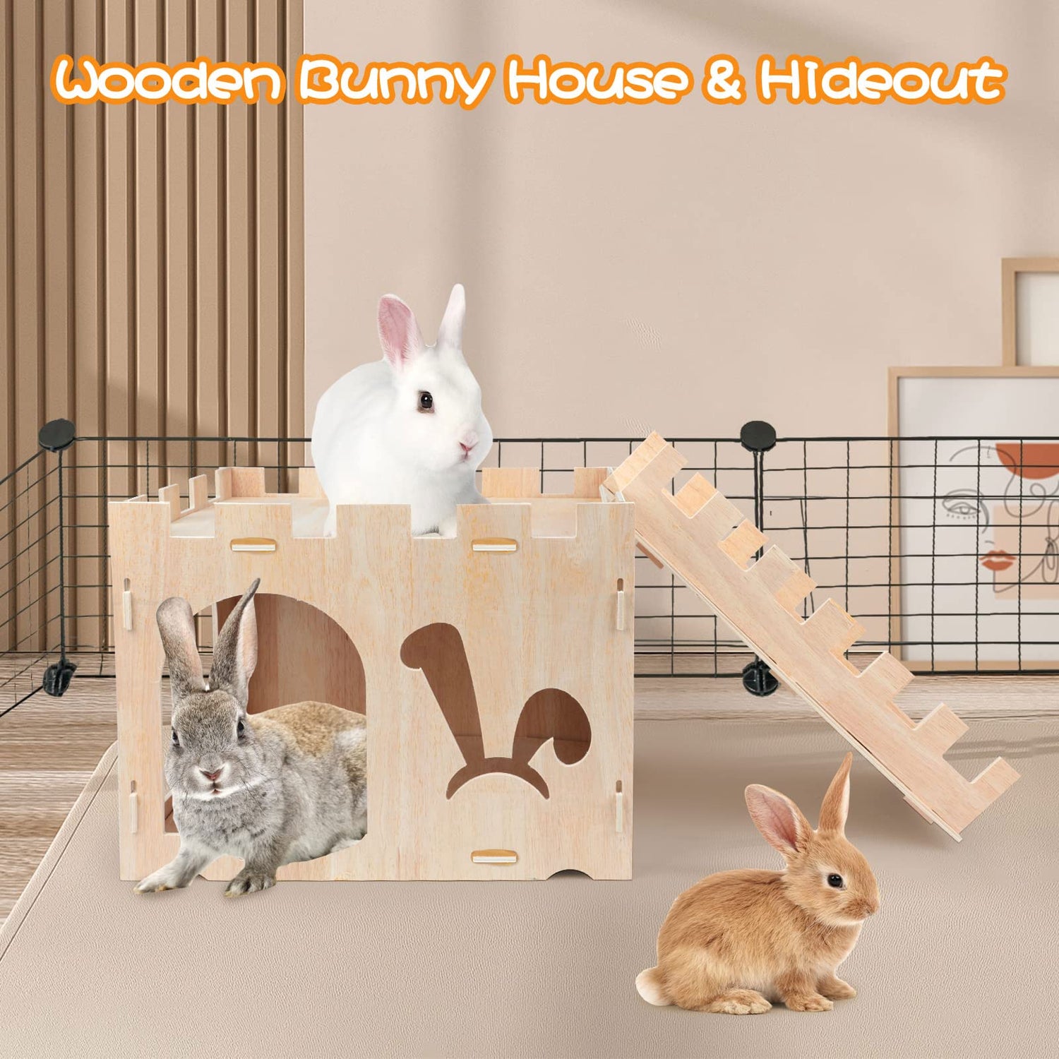 BWOGUE Extra Large Wooden Rabbit Castle Bunny House and Hideouts Detachable Small Animal Play Hideaway Hut for Indoor Adult Rabbit Guinea Pig BWOGUE