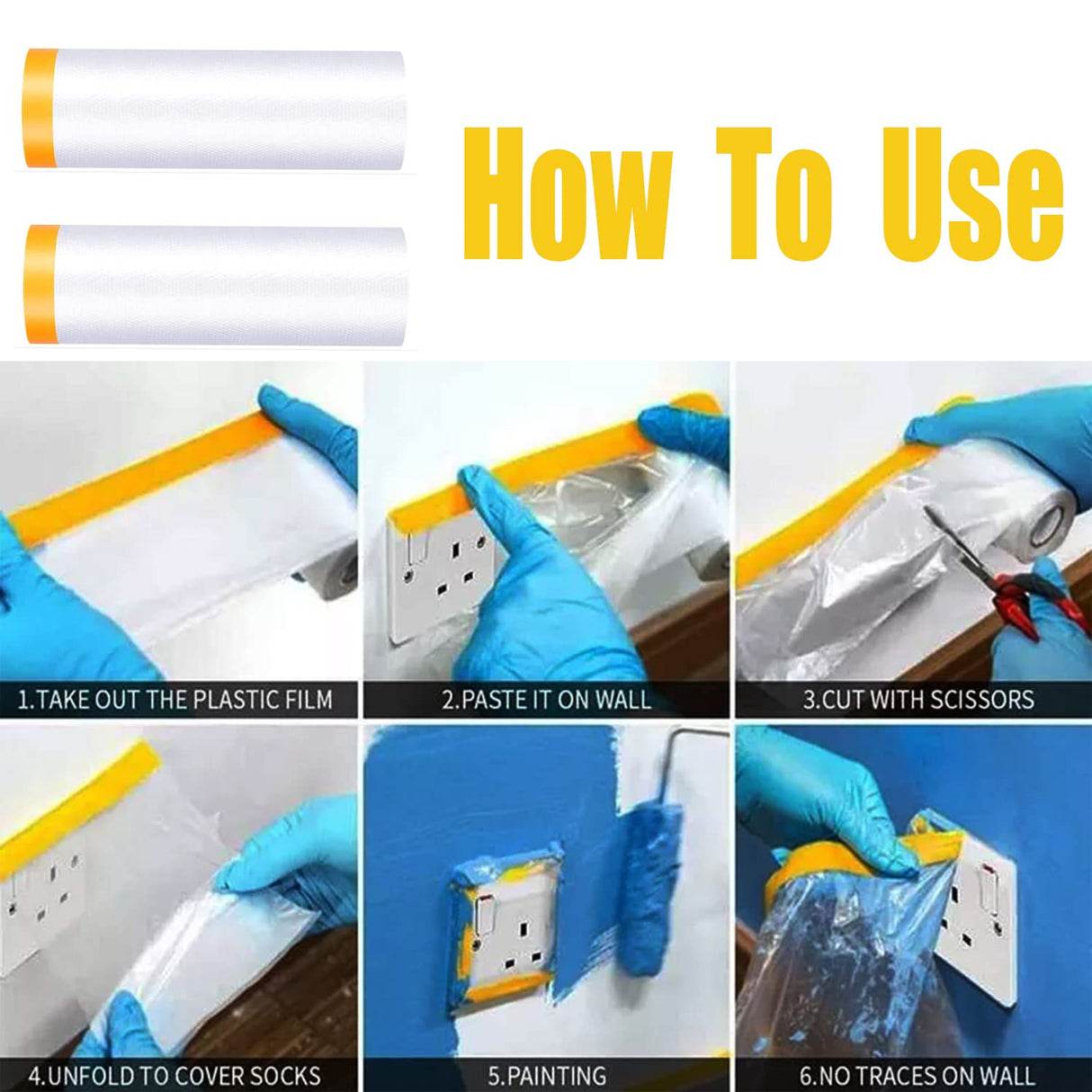 Painters Plastic With Tape, Pre-Taped Masking Film, 4 Rolls Automotive Best Tape and Drape, Paint Adhesive Protective Film Roll for Covering YOUMEIYUAN