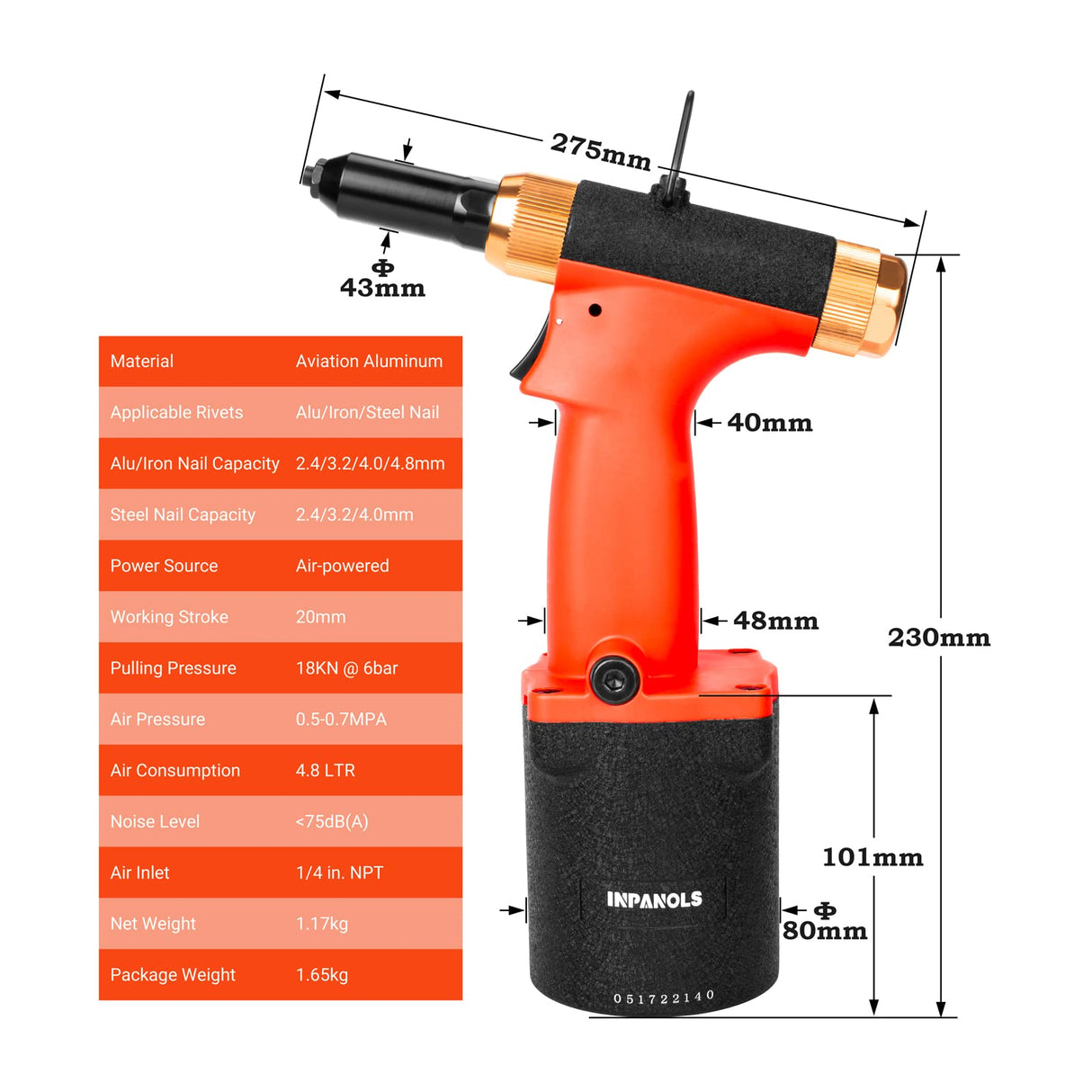 INPANOLS Pneumatic Pop Riveter Gun Hydraulic Air Rivet Tool Kit with 3/32 & 1/8 & 5/32 & 3/16 inch Nosepieces INPANOLS