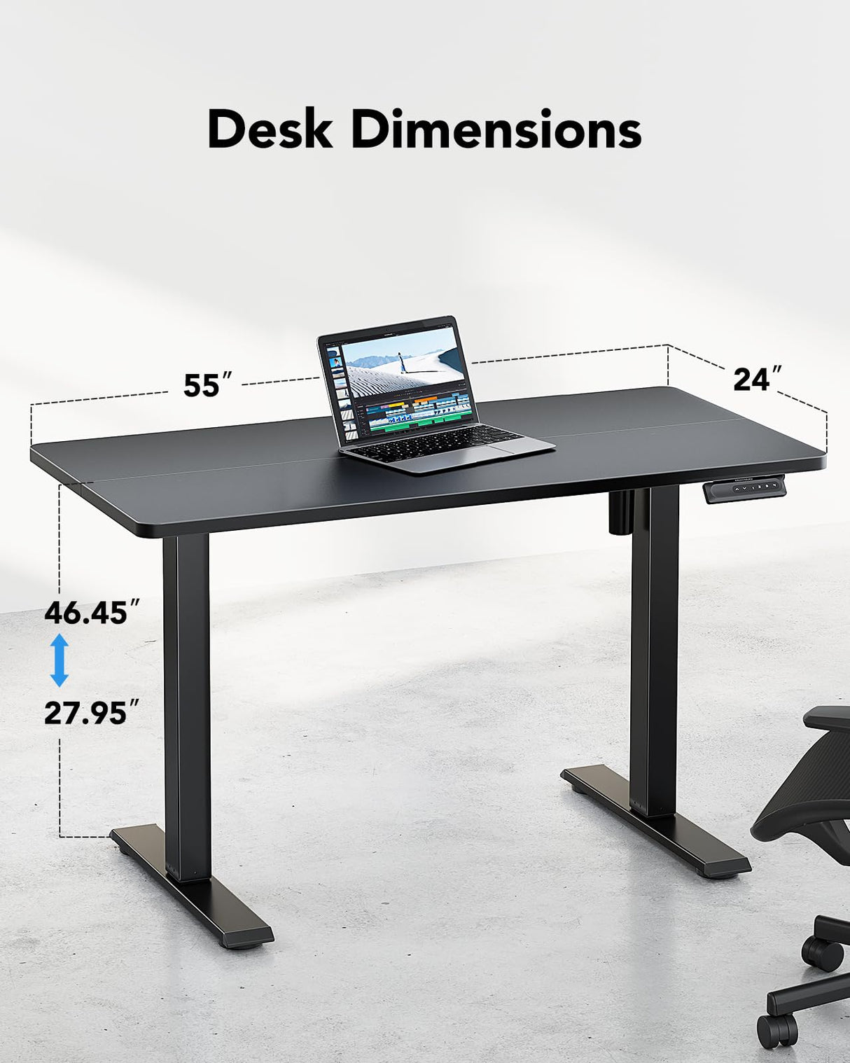 HUANUO Electric Standing Desk Adjustable Height, 55" x 24" Sit Stand Home Office Desk, 4 Memory Height Setting, Computer Workstation, Black HUANUO