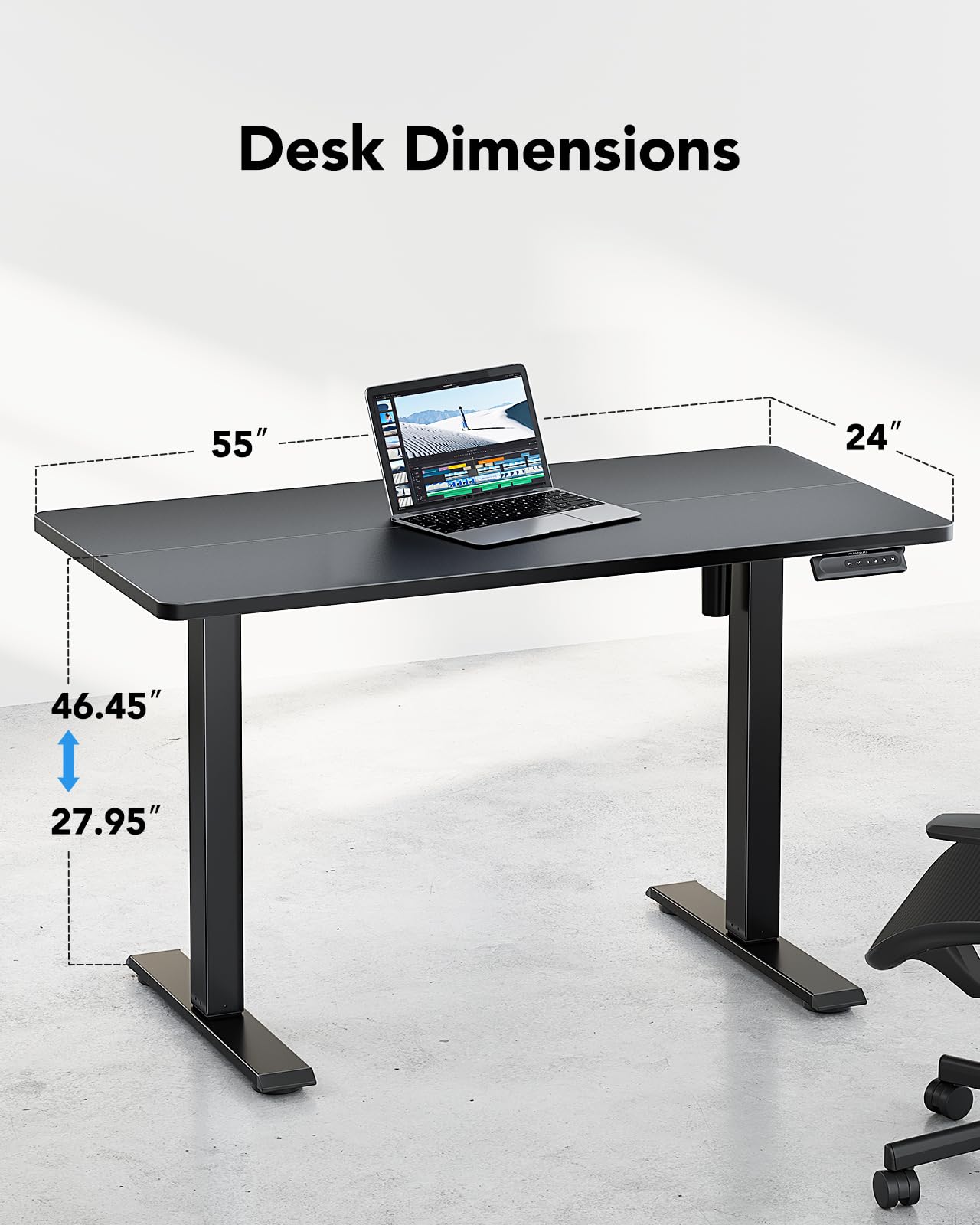 HUANUO Electric Standing Desk Adjustable Height, 55" x 24" Sit Stand Home Office Desk, 4 Memory Height Setting, Computer Workstation, Black - WoodArtSupply