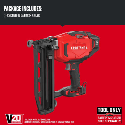 CRAFTSMAN V20 Cordless Finish Nailer, 16 Gauge, Bare Tool Only (CMCN616B) - WoodArtSupply