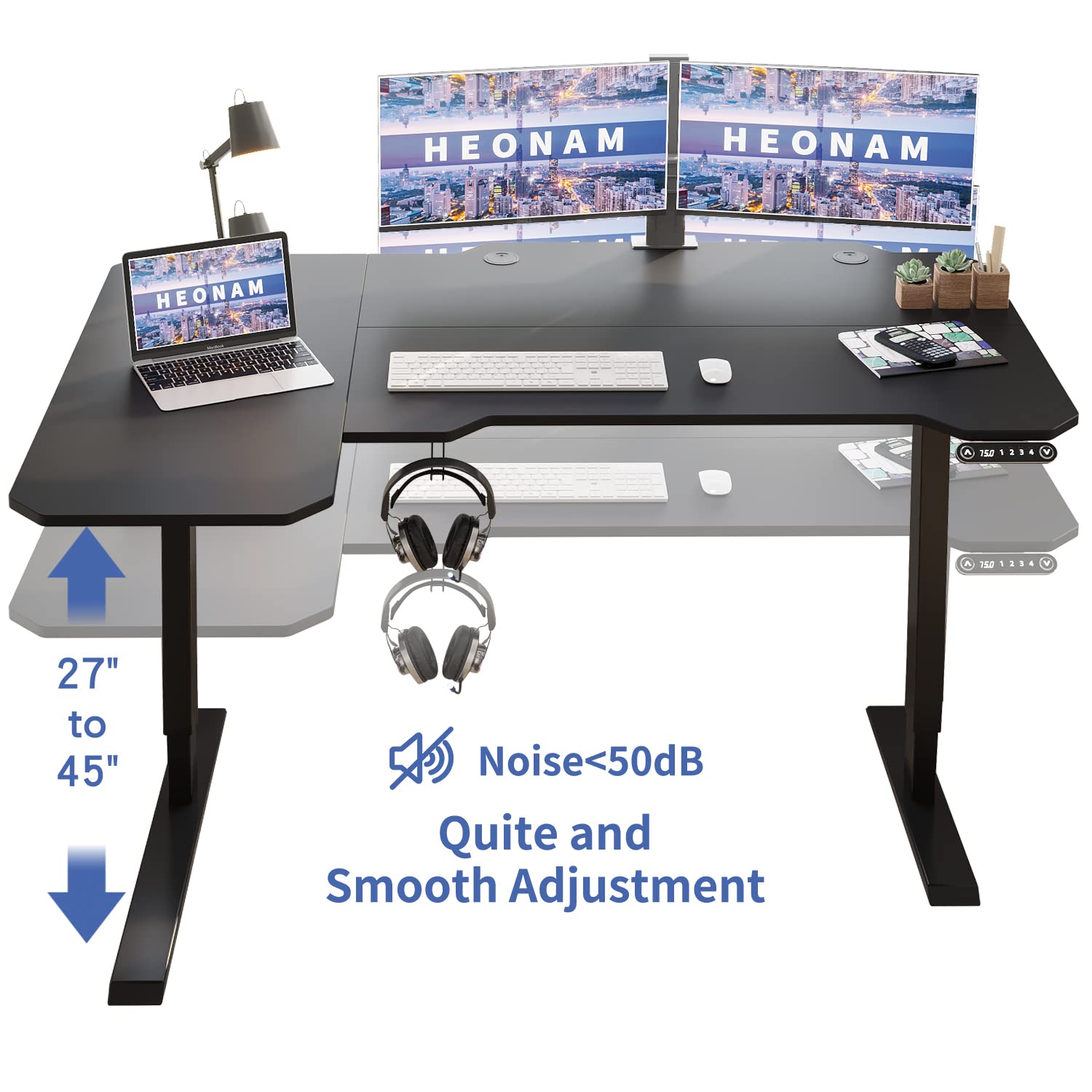 HEONAM 59'' L Shaped Height Adjustable Standing Desk, Electric Stand up Computer Table for Home Office Desk with Black Frame & Top HEONAM