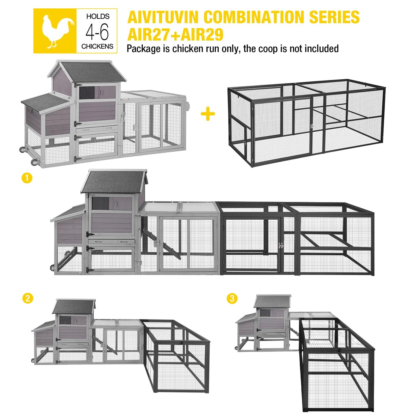 Chicken Coop Wooden Hen House with Large Run and Nesting Box, Outdoor Poultry Cage with Removable Tray,UV Proof Roof, 4 Perches. - WoodArtSupply