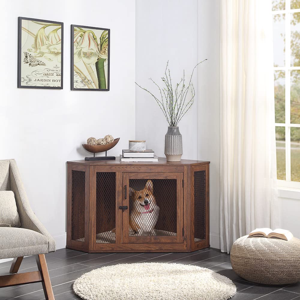 unipaws Furniture Style Corner Dog Crate for Small Medium Dogs, Indoor Aesthetic Puppy Kennel TV Stand, Modern Decorative Wood Pet House Dog Cage, - WoodArtSupply