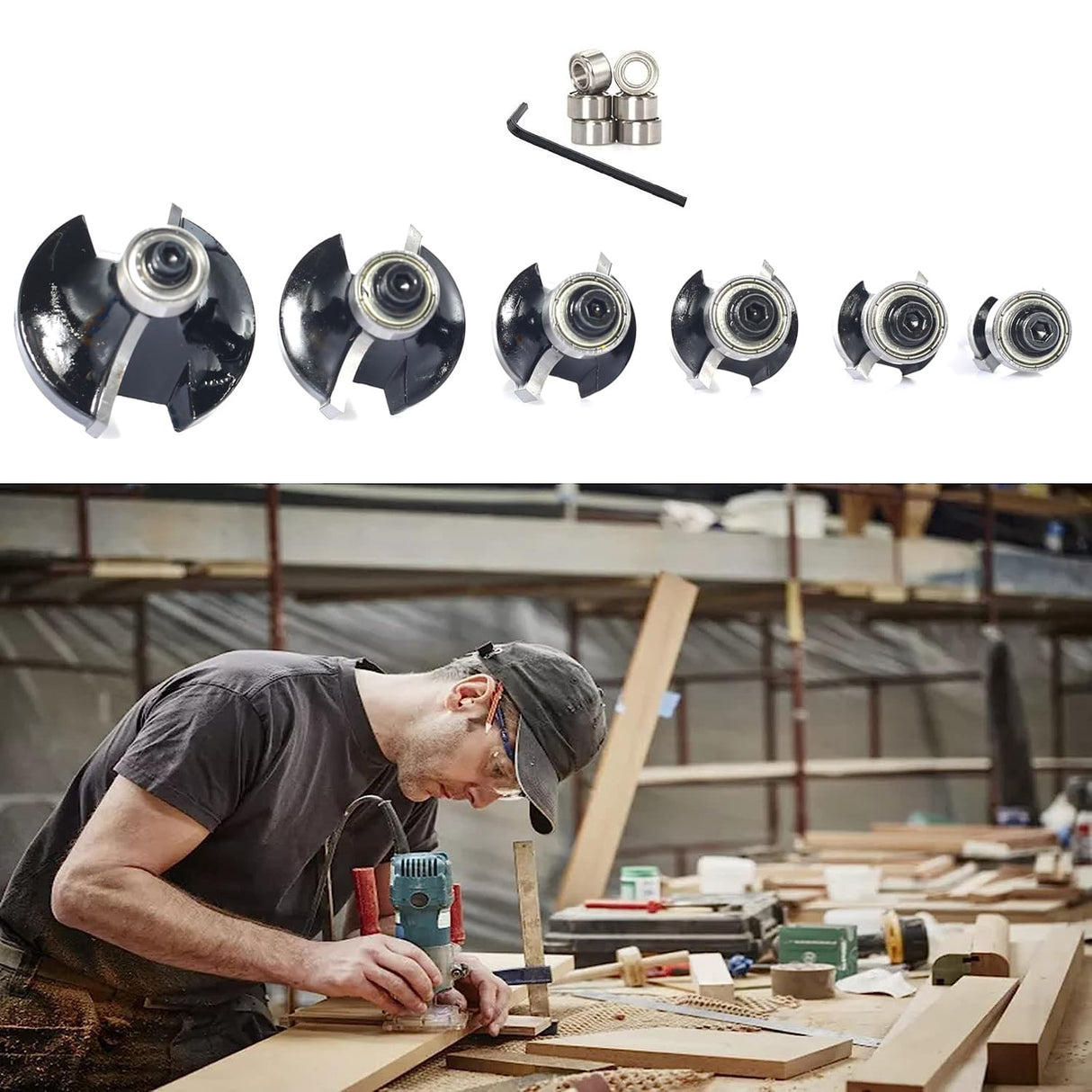 SICWOOD 6pcs Roundover Router Bit Set - Round Over Router Bits 1/4 Shank with 6 Bearings 3/8", Carbide Corner Rounding Edge-Forming Bit, for Round SICWOOD