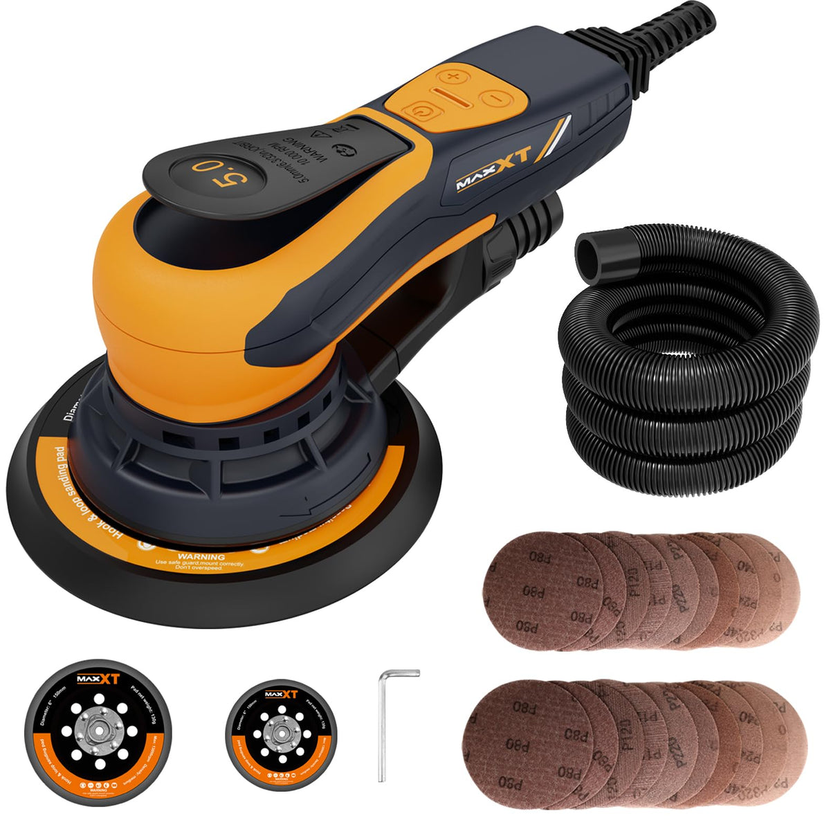 MAXXT Electric 5mm Random Orbital Sander, Palm Sander with Brushless Motor, 5&6Inch Sanding Pads, Central Vacuum, Sanders for Woodworking, Primary MAXXT