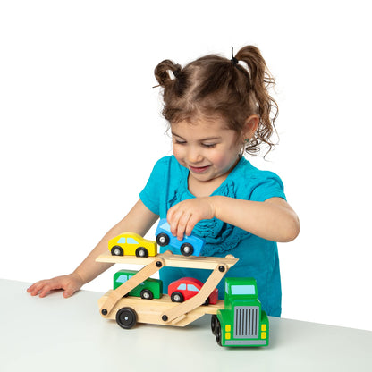 Melissa & Doug Car Carrier Truck and Cars Wooden Toy Set With 1 Truck and 4 Cars - Vehicle Toys, Push And Go Wooden Trucks For Toddlers And Kids Ages - WoodArtSupply