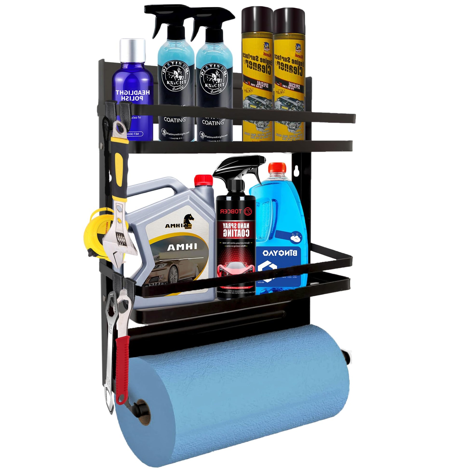 Vellsenne Paper Towel Holder with Shelf Heavy Duty - Garage 2-in-1 Spray Can Organizer - Shop Towel Holder with 4 Removable Hooks for Kitchen Laundry - WoodArtSupply