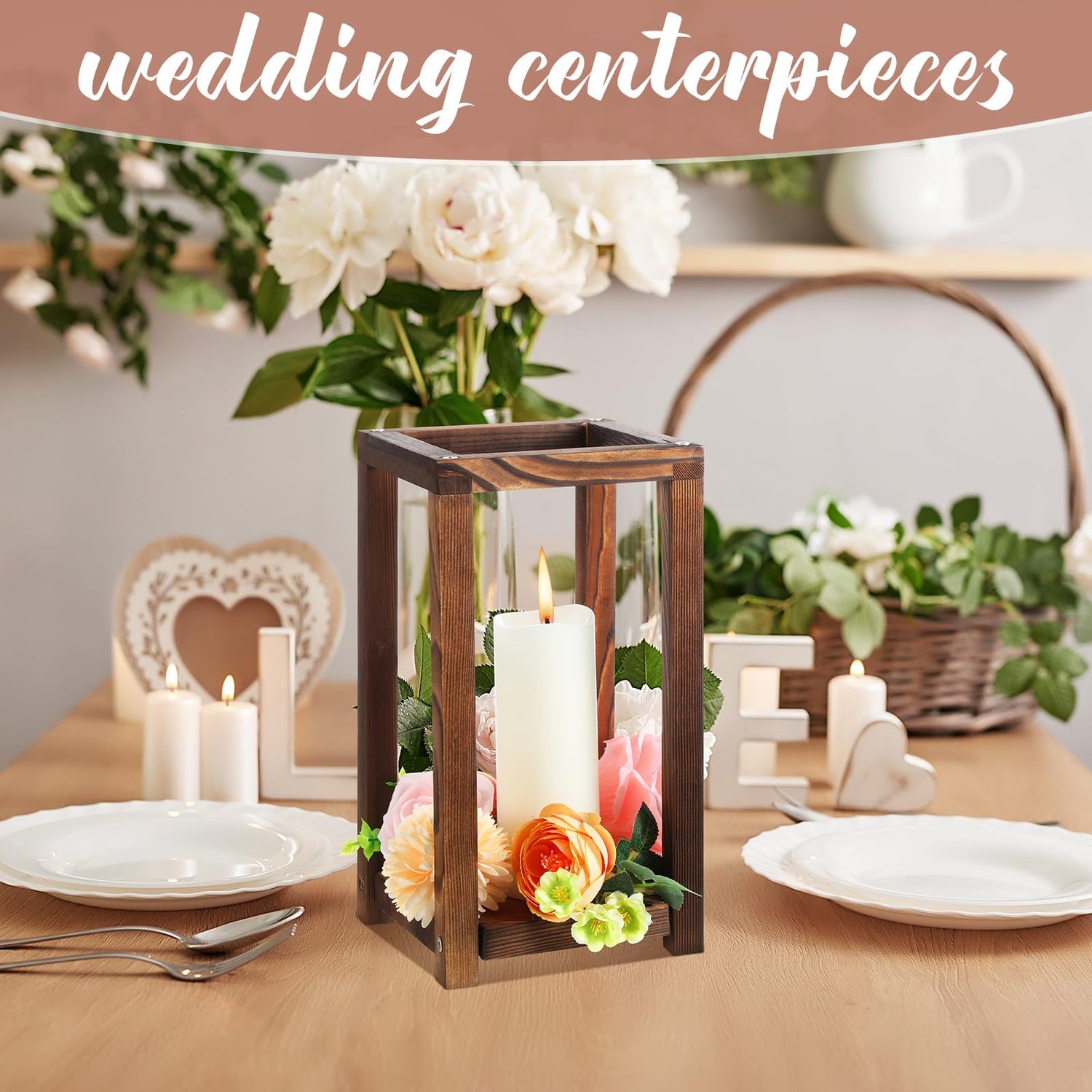 Geetery 4 Pcs Decorative Wedding Wood Lantern Candle Holders for Table Centerpiece Rustic Wooden Wedding Table Decoration Country Barn Farmhouse Geetery