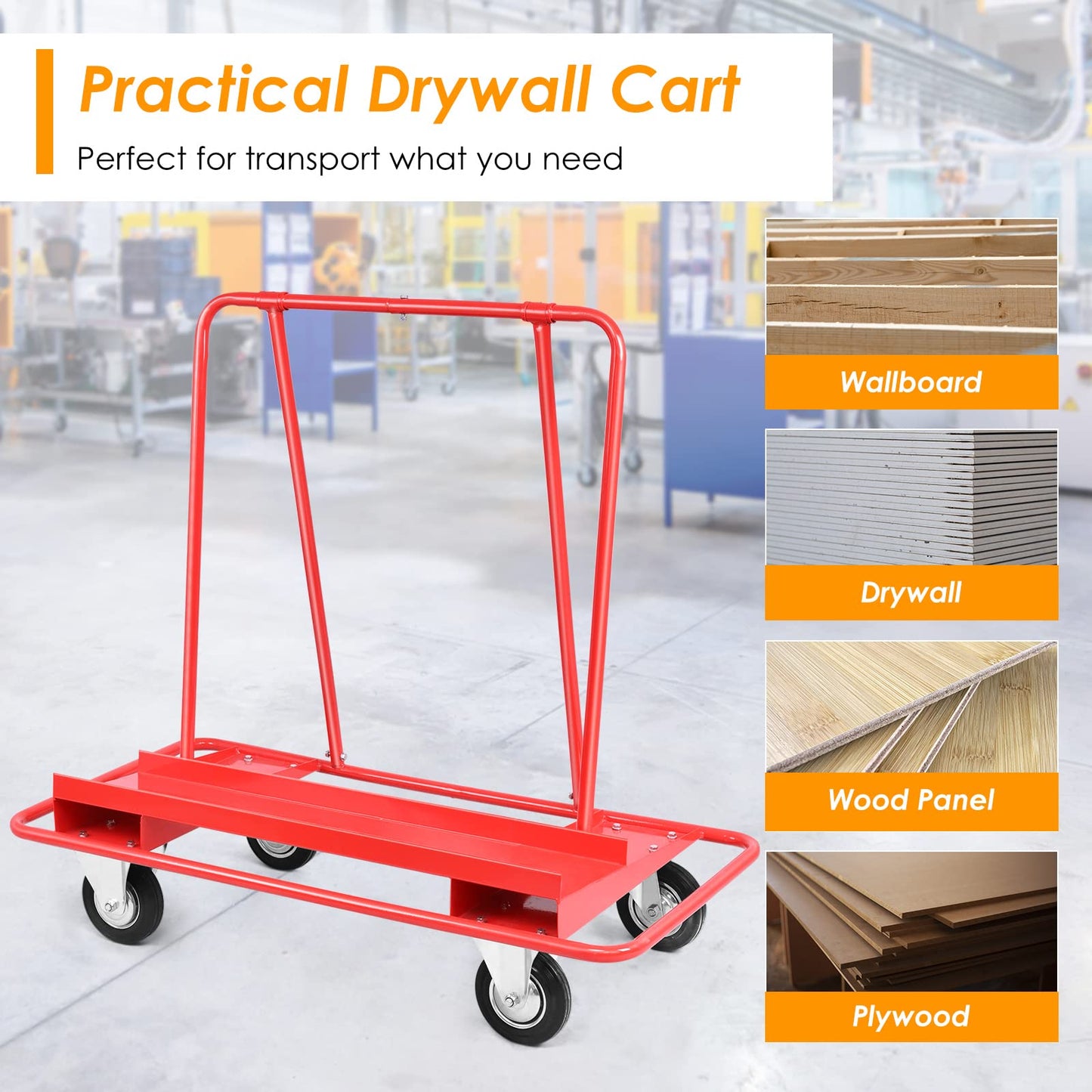 Goplus Drywall Sheet Cart, Heavy Duty Panel Dolly Cart with 4 Swivel Wheels, Handling Wall Panel, Sheetrock, Wood Panel, Rolling Dolly for Garage,