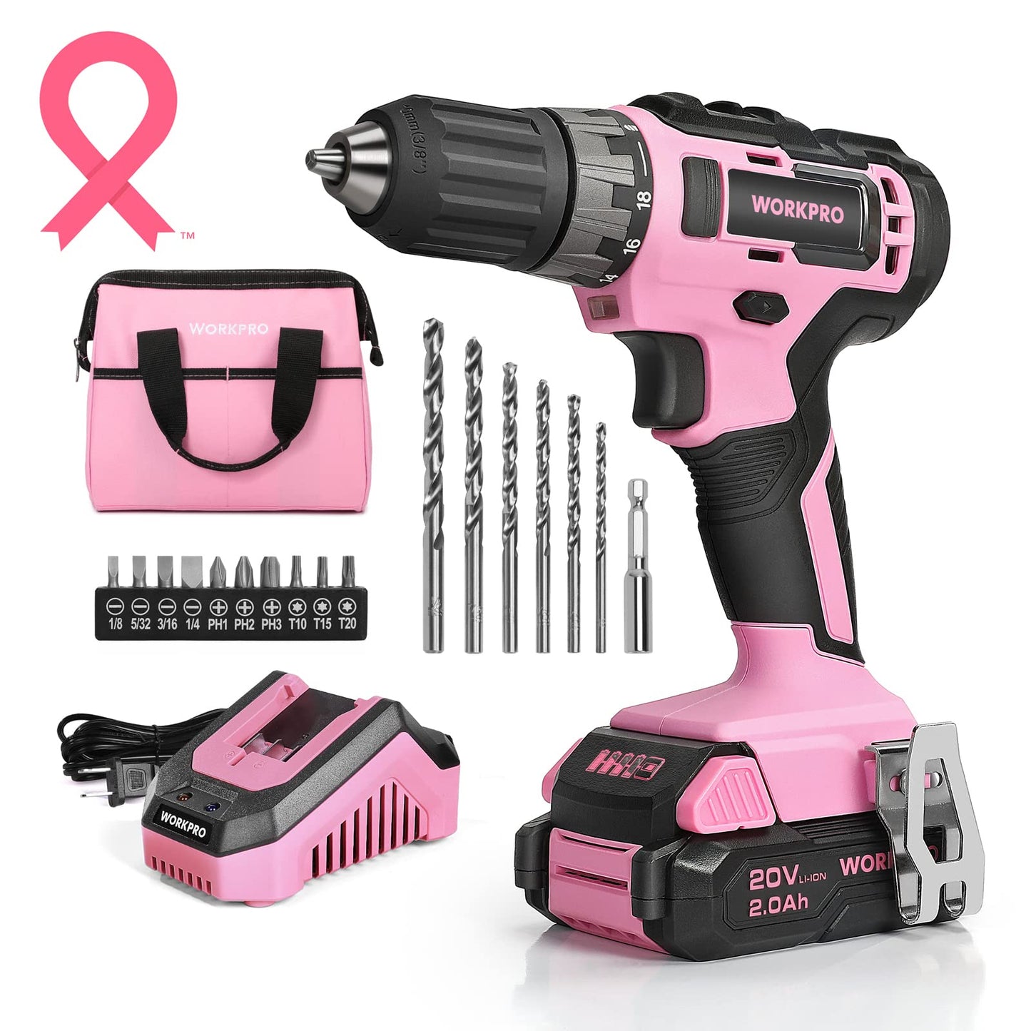 WORKPRO 20V Pink Cordless Drill Driver Set, 3/8” Keyless Chuck, 2.0 Ah Li-ion Battery, 1 Hour Fast Charger and 11-inch Storage Bag Included - Pink - WoodArtSupply