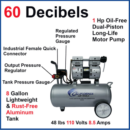 California Air Tools 8010A Aluminum Tank Air Compressor | Ultra Quiet, Oil-Free, 1.0 hp, 8 gal - WoodArtSupply