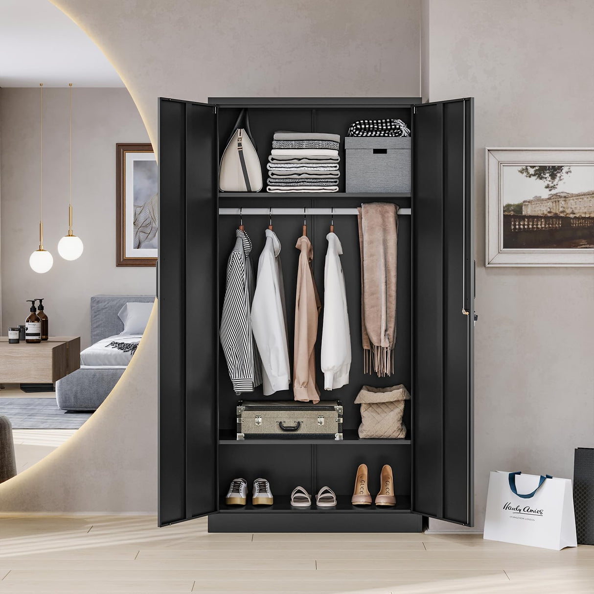 MIIIKO Steel Wardrobe Cabinet for Clothes, 72" Garments Closet Cabinet for Home Office and Bedroom with Shelves and Hanging Rod MIIIKO