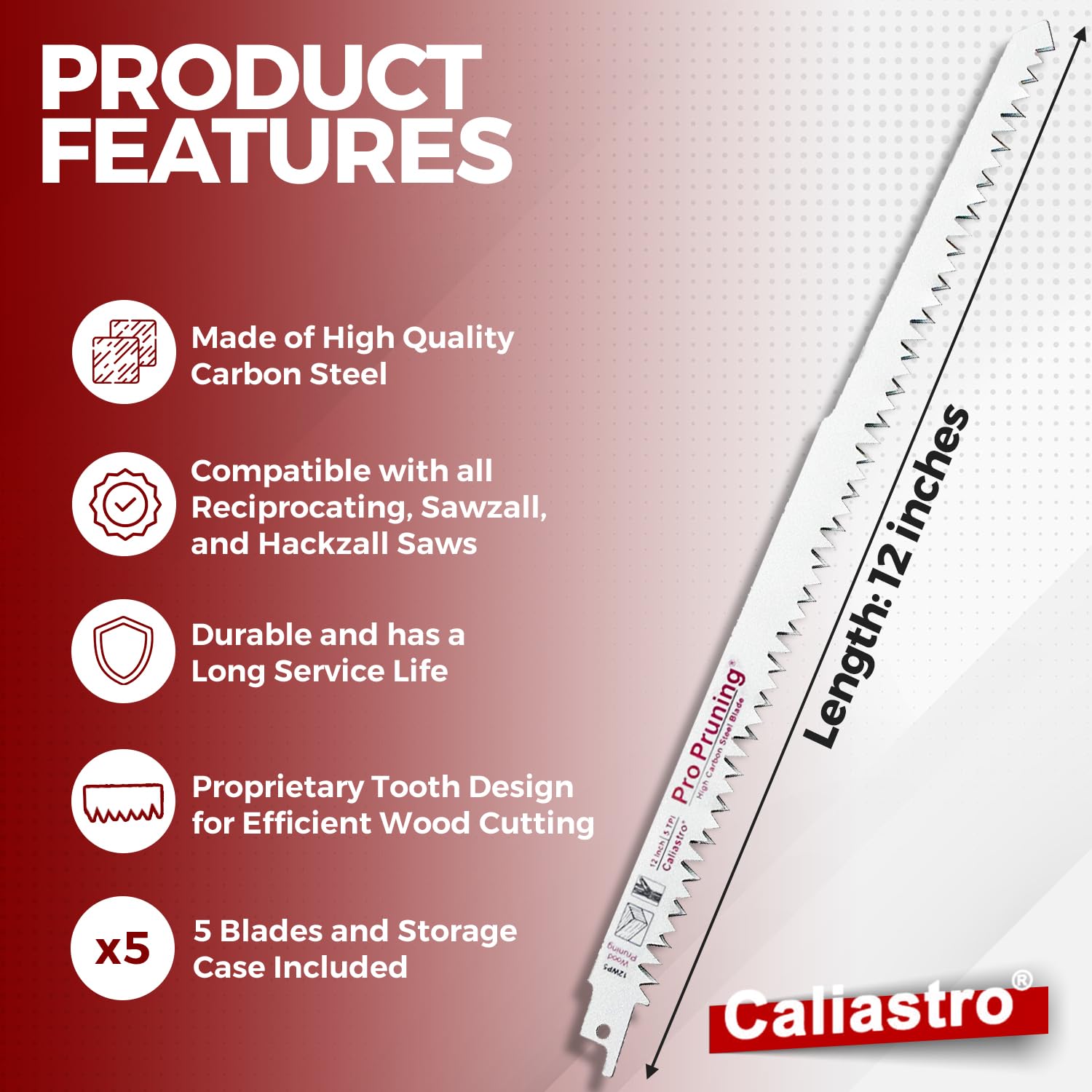 Caliastro 12-Inch Wood Pruning Saw Blades for Reciprocating/Sawzall Saws - 5 Pack Caliastro