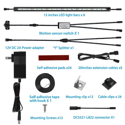 Litever LED Safe Light Kit. Human Motion Sensor Activated. 6 Slim LED Light Bars. Linkable Extendable Plug-in for Gun Safe, Locker, Closet, Showcase,