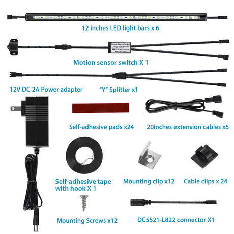 Litever LED Safe Light Kit. Human Motion Sensor Activated. 6 Slim LED Light Bars. Linkable Extendable Plug-in for Gun Safe, Locker, Closet, Showcase, Litever